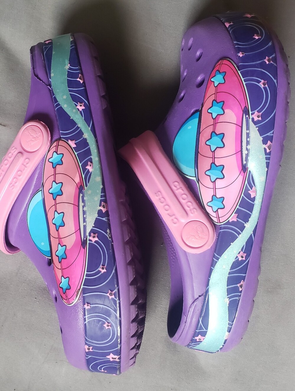 Crocs Kids Size 1 Purple Pink Teal UFO Design